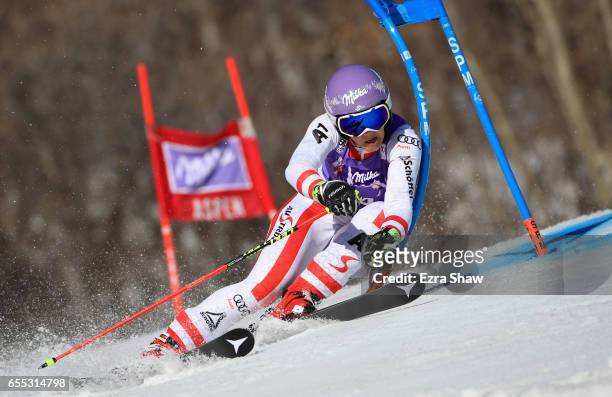Michaela Kirchgasser of Austria skis her first run in the ladies' giant slalom during the 2017 Audi FIS Ski World Cup Finals at Aspen Mountain on...