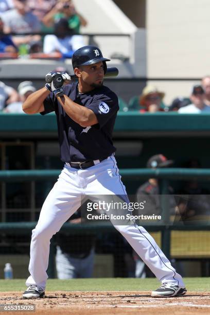 Omar Infante of the Tigers at bat during the spring training game between the Miami Marlins and the Detroit Tigers on March 18, 2017 at Joker...