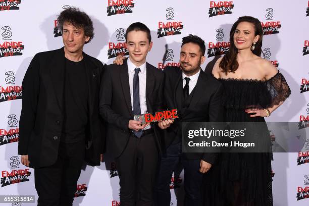 Presenters Neil Gaiman and Hayley Atwell and winners of the Best Sci-fi/Fantasy award for the movie 'A Monster Calls' actor Lewis MacDougall and...