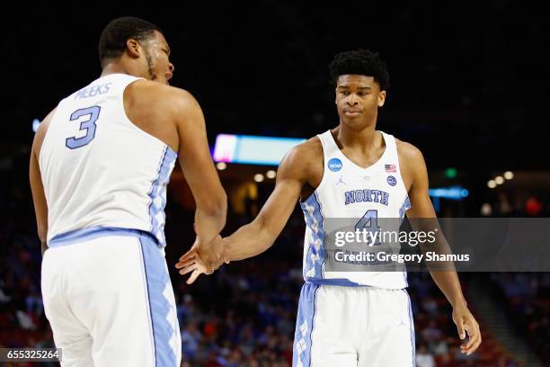 Isaiah Hicks of the North Carolina Tar Heels reacts in the first half against the Arkansas Razorbacks during the second round of the 2017 NCAA Men's...