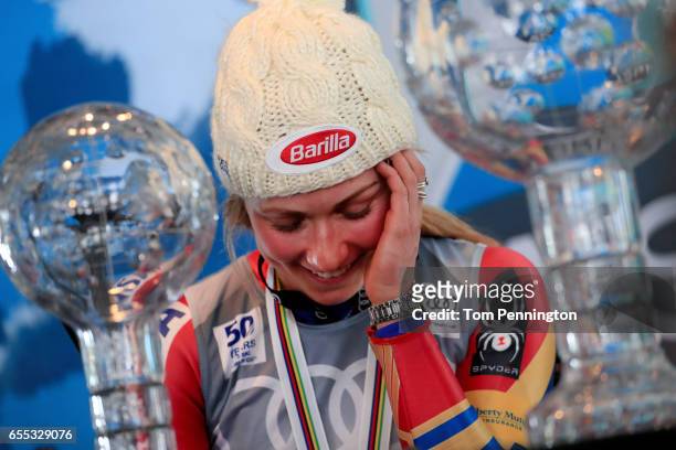 Mikaela Shiffrin of United States talks with the media after being awarded the overall season ladies' champion and lasies' season slalom champion at...