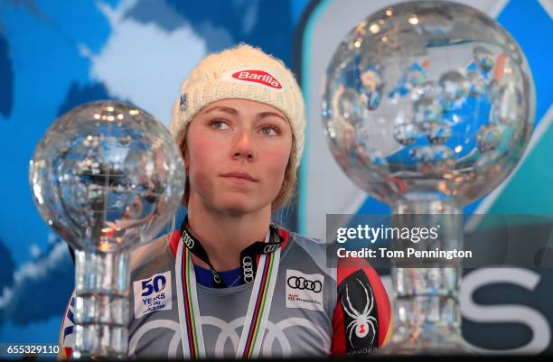 Mikaela Shiffrin of United States talks with the media after being awarded the overall season ladies' champion and lasies' season slalom champion at...