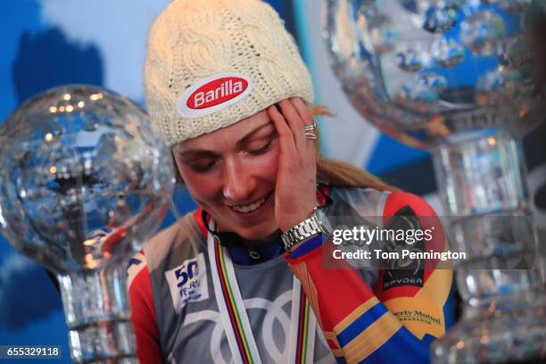 Mikaela Shiffrin of United States talks with the media after being awarded the overall season ladies' champion and lasies' season slalom champion at...