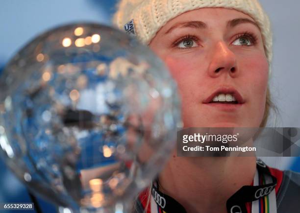 Mikaela Shiffrin of United States talks with the media after being awarded the overall season ladies' champion and lasies' season slalom champion at...