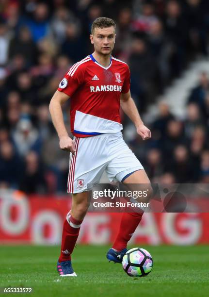 Ben Gibson of Boro in action during the Premier League match between Middlesbrough and Manchester United at Riverside Stadium on March 19, 2017 in...