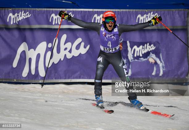 Federica Brignone,from Italy, celebrates her victory in the World Cup ladies giant slalom during the 2017 Audi FIS Ski World Cup Finals at Aspen...