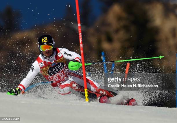 Marcel Hirscher, of Austria, makes the first run of the World Cup men's slalom race during the 2017 Audi FIS Ski World Cup Finals at Aspen Mountain...