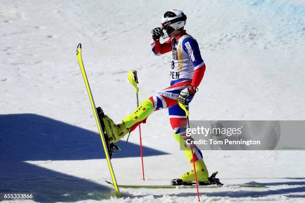 Dave Ryding of Great Britain crosses the finish line during the men's Slalom during the 2017 Audi FIS Ski World Cup Finals at Aspen Mountain on March...