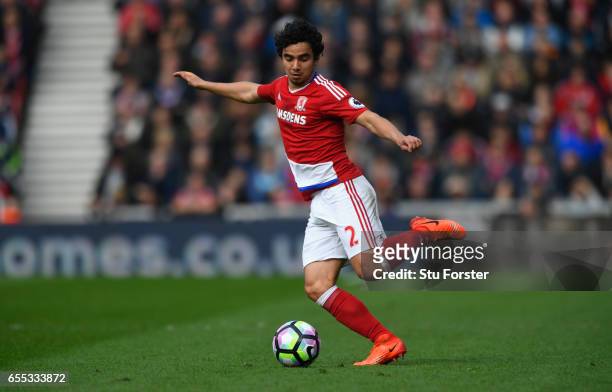 Boro player Fabio Da Silva in action during the Premier League match between Middlesbrough and Manchester United at Riverside Stadium on March 19,...