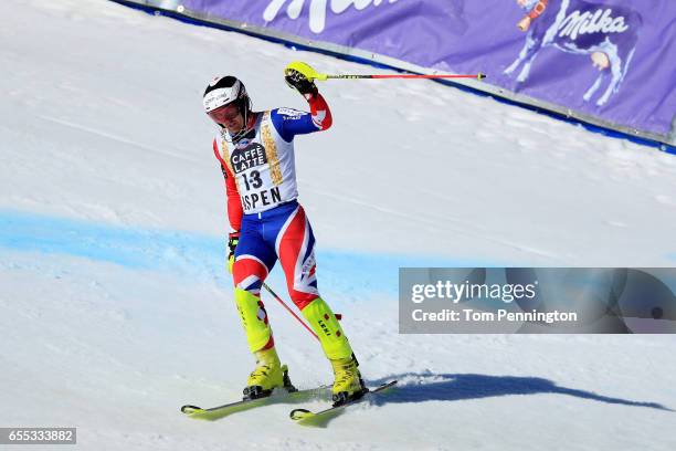 Dave Ryding of Great Britain crosses the finish line during the men's Slalom during the 2017 Audi FIS Ski World Cup Finals at Aspen Mountain on March...