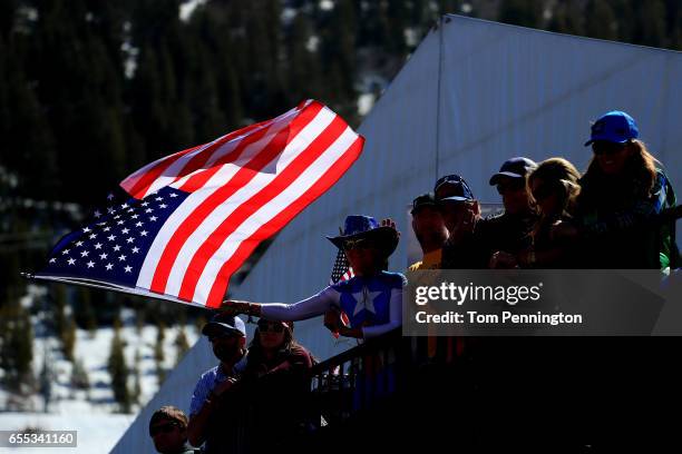 Fans cheer during the men's Slalom during the 2017 Audi FIS Ski World Cup Finals at Aspen Mountain on March 19, 2017 in Aspen, Colorado.