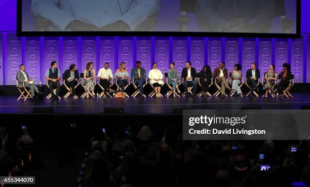 Moderator Henry Goldblatt and actors Giacomo Gianniotti, Martin Henderson, Sarah Drew, Jesse Williams, Jessica Capshaw, James Pickens Jr., Debbie...