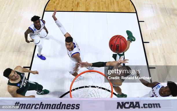 Miles Bridges of the Michigan State Spartans takes a shot against the Kansas Jayhawks during the second round of the 2017 NCAA Men's Basketball...