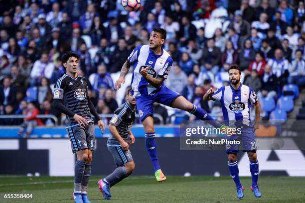 Jose Luis Mato &quot;Joselu&quot; forward of Deportivo de La Coruña jump to head the ball during the La Liga Santander match between Deportivo de La...