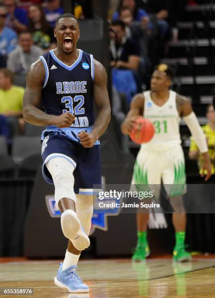 Jared Terrell of the Rhode Island Rams reacts after a play against the Oregon Ducks during the second round of the 2017 NCAA Men's Basketball...