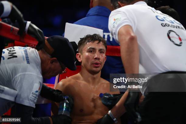 Gennady Golovkin sits in his corner against Daniel Jacobs during their Championship fight for Golovkin's WBA/WBC/IBF middleweight title at Madison...