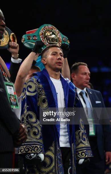 Gennady Golovkin looks on against Daniel Jacobs during their Championship fight for Golovkin's WBA/WBC/IBF middleweight title at Madison Square...