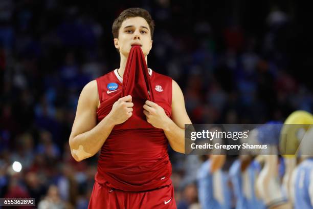 Dusty Hannahs of the Arkansas Razorbacks reacts after being defeated by the North Carolina Tar Heels 72-65 in the second round of the 2017 NCAA Men's...