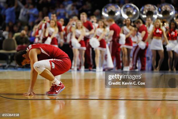 Dusty Hannahs of the Arkansas Razorbacks reacts after being defeated by the North Carolina Tar Heels 72-65 in the second round of the 2017 NCAA Men's...