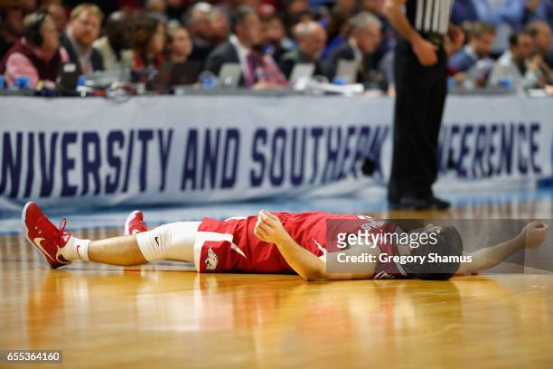 Dusty Hannahs of the Arkansas Razorbacks reacts after being defeated by the North Carolina Tar Heels 72-65 in the second round of the 2017 NCAA Men's...