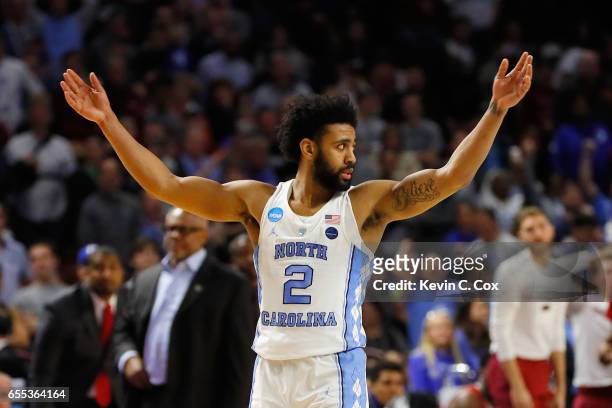 Joel Berry II of the North Carolina Tar Heels reacts after defeating the Arkansas Razorbacks 72-65 in the second round of the 2017 NCAA Men's...