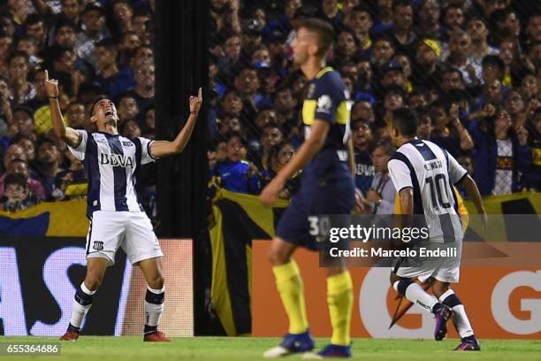 Victorio Ramis of Talleres celebrates after scoring the first goal of his team during a match between Boca Juniors and Talleres as part of Torneo...