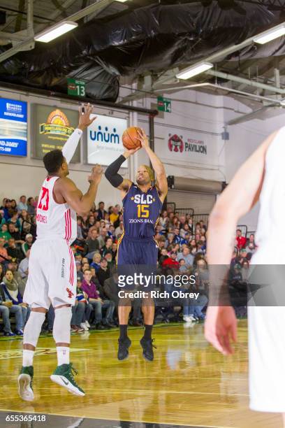 Sundiata Gaines of the Salt Lake City Stars shoots over Jordan Mickey of the Maine Red Claws on Sunday, March 19, 2017 at the Portland Expo in...