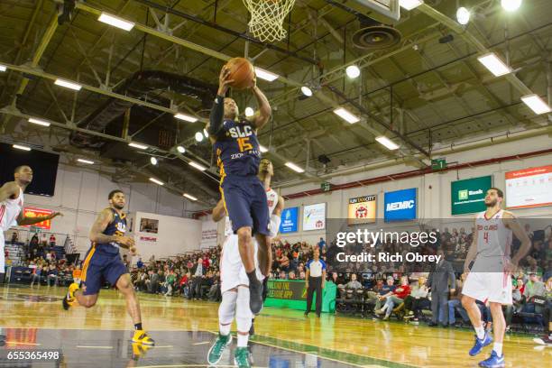 Sundiata Gaines of the Salt Lake City Stars shoots against the Maine Red Claws on Sunday, March 19, 2017 at the Portland Expo in Portland, Maine....