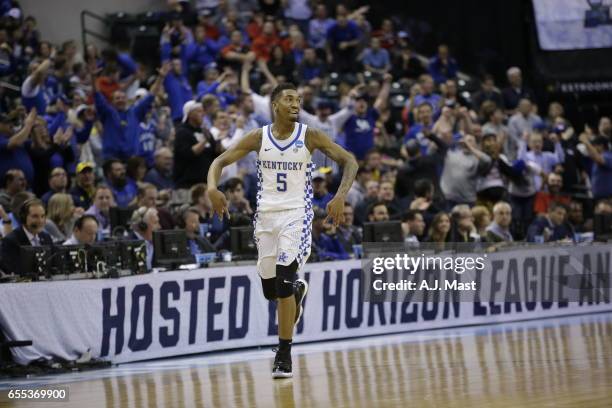 Malik Monk of Kentucky reacts after hitting a shot against Wichita State University during the 2017 NCAA Photos via Getty Images Men's Basketball...