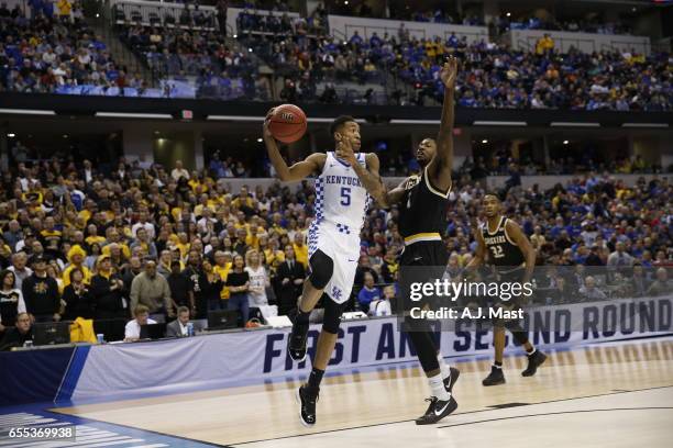 Malik Monk of Kentucky looks to pass against Wichita State University during the 2017 NCAA Photos via Getty Images Men's Basketball Tournament held...