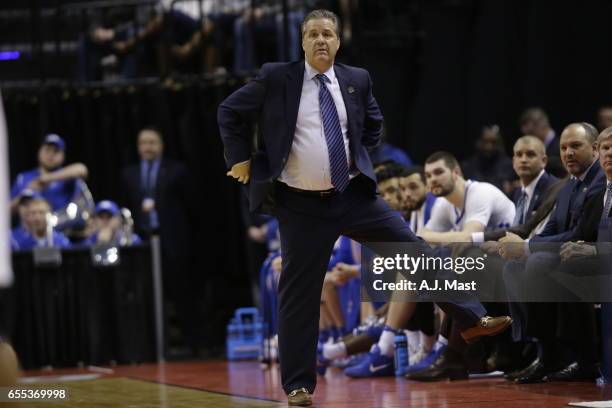 Head coach John Calipari of Kentucky watches while playing Wichita State University during the 2017 NCAA Photos via Getty Images Men's Basketball...