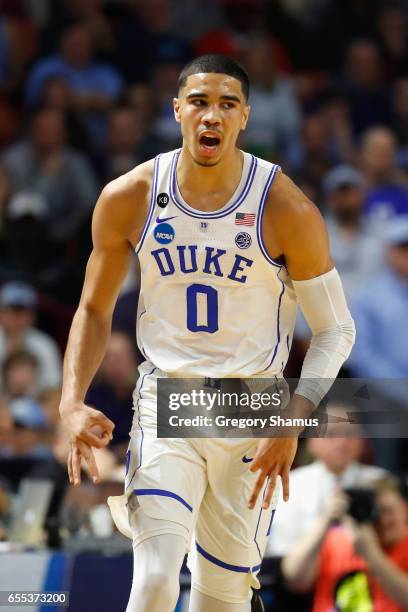 Jayson Tatum of the Duke Blue Devils reacts in the first half against the South Carolina Gamecocks during the second round of the 2017 NCAA Men's...