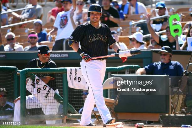 Yoshitomo Tsutsugo of Japan is seen during the exhibition game between Japan and Los Angeles Dodgers at Camelback Ranch on March 19, 2017 in...