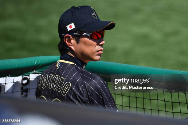 Manager Hiroki Kokubo of Japan is seen during the exhibition game between Japan and Los Angeles Dodgers at Camelback Ranch on March 19, 2017 in...