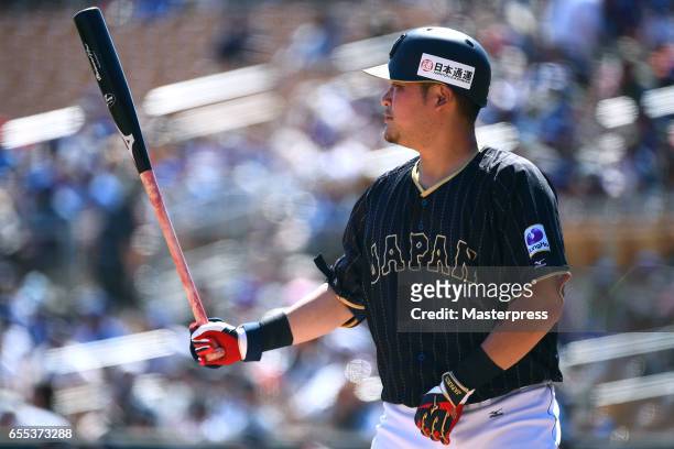 Yoshitomo Tsutsugo of Japan is seen during the exhibition game between Japan and Los Angeles Dodgers at Camelback Ranch on March 19, 2017 in...
