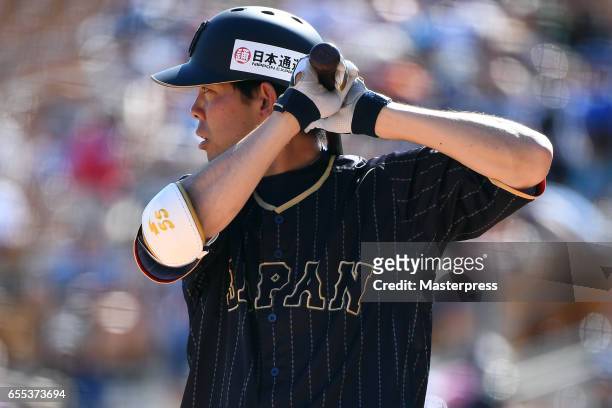 Shogo Akiyama of Japan is seen during the exhibition game between Japan and Los Angeles Dodgers at Camelback Ranch on March 19, 2017 in Glendale,...