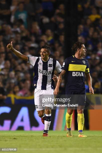 Victor Ramis of Talleres celebrates after scoring the first goal of his team during a match between Boca Juniors and Talleres as part of Torneo...