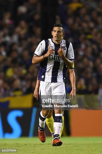 Victor Ramis of Talleres celebrates after scoring the first goal of his team during a match between Boca Juniors and Talleres as part of Torneo...