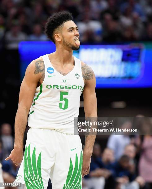 Tyler Dorsey of the Oregon Ducks reacts against the Rhode Island Rams during the second round of the 2017 NCAA Men's Basketball Tournament at Golden...
