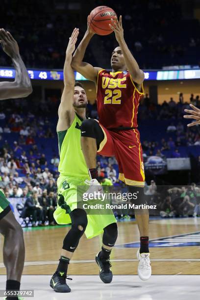 De'Anthony Melton of the USC Trojans is defended by Jake Lindsey of the Baylor Bears during the second round of the 2017 NCAA Men's Basketball...