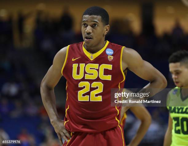 De'Anthony Melton of the USC Trojans reacts against the Baylor Bears during the second round of the 2017 NCAA Men's Basketball Tournament at BOK...