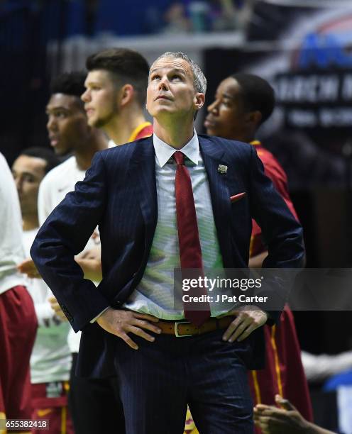 Head coach Andy Enfield of the USC Trojans reacts late in the game against the Baylor Bears during the second round of the 2017 NCAA Men's Basketball...