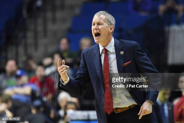 Head coach Andy Enfield of the USC Trojans reacts late in the game against the Baylor Bears during the second round of the 2017 NCAA Men's Basketball...