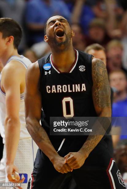 Sindarius Thornwell of the South Carolina Gamecocks reacts in the second half against the Duke Blue Devils during the second round of the 2017 NCAA...
