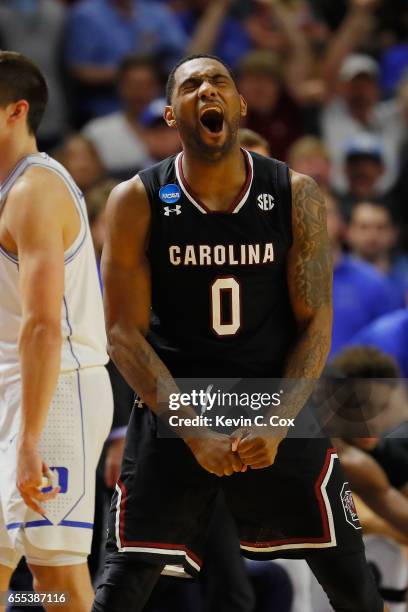 Sindarius Thornwell of the South Carolina Gamecocks reacts in the second half against the Duke Blue Devils during the second round of the 2017 NCAA...