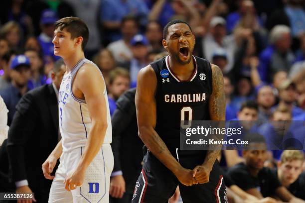 Sindarius Thornwell of the South Carolina Gamecocks reacts in the second half against the Duke Blue Devils during the second round of the 2017 NCAA...