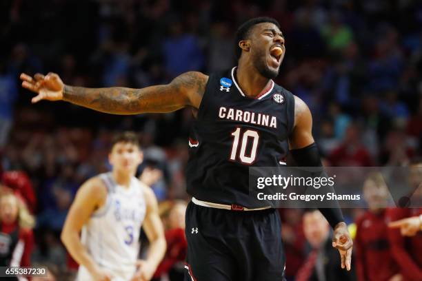 Duane Notice of the South Carolina Gamecocks reacts in the second half against the Duke Blue Devils during the second round of the 2017 NCAA Men's...