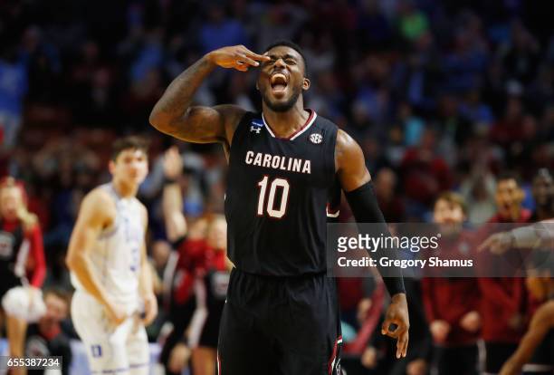 Duane Notice of the South Carolina Gamecocks reacts in the second half against the Duke Blue Devils during the second round of the 2017 NCAA Men's...