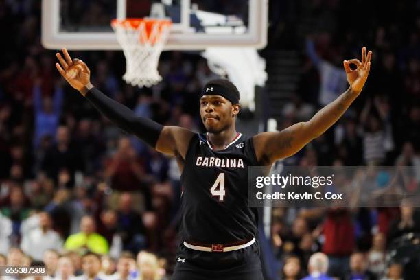 Rakym Felder of the South Carolina Gamecocks reacts in the second half against the Duke Blue Devils during the second round of the 2017 NCAA Men's...