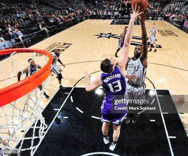 Joel Anthony of the San Antonio Spurs shoots the ball against the Sacramento Kings during the game on March 19, 2017 at the AT&T Center in San...